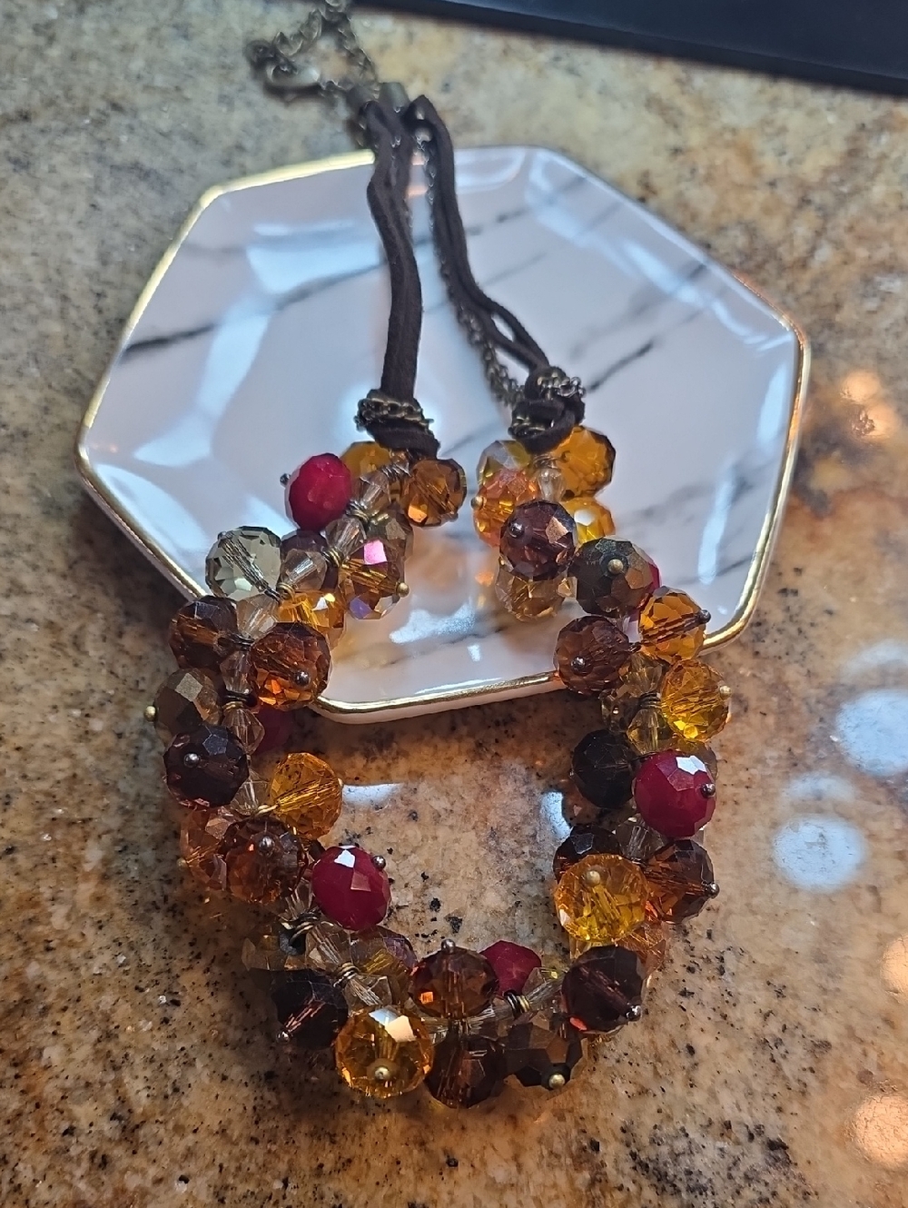 Cake Multicolor Faceted Bead Necklace in Amber, Ruby & Brown Tones